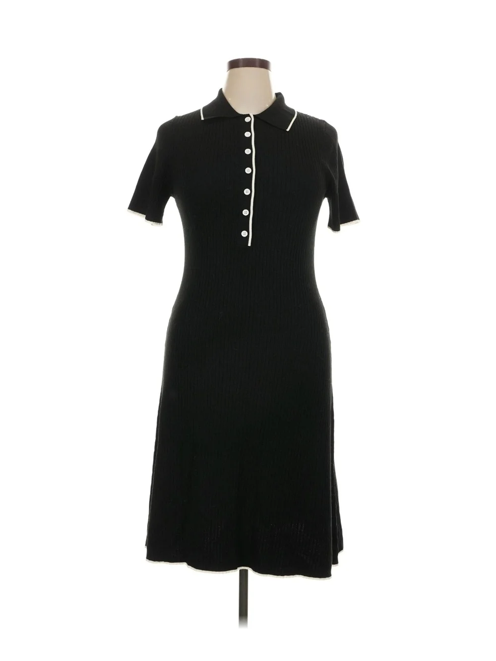 Black Polo Knit Short-Sleeve Dress with White Trim